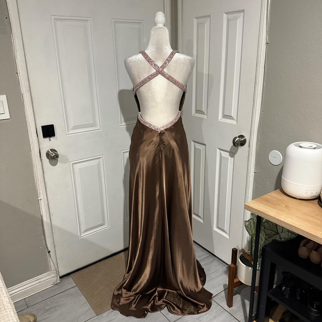Robe de soirée longue en satin marron, élégante et perlée, col en V, robe de bal, gh4568