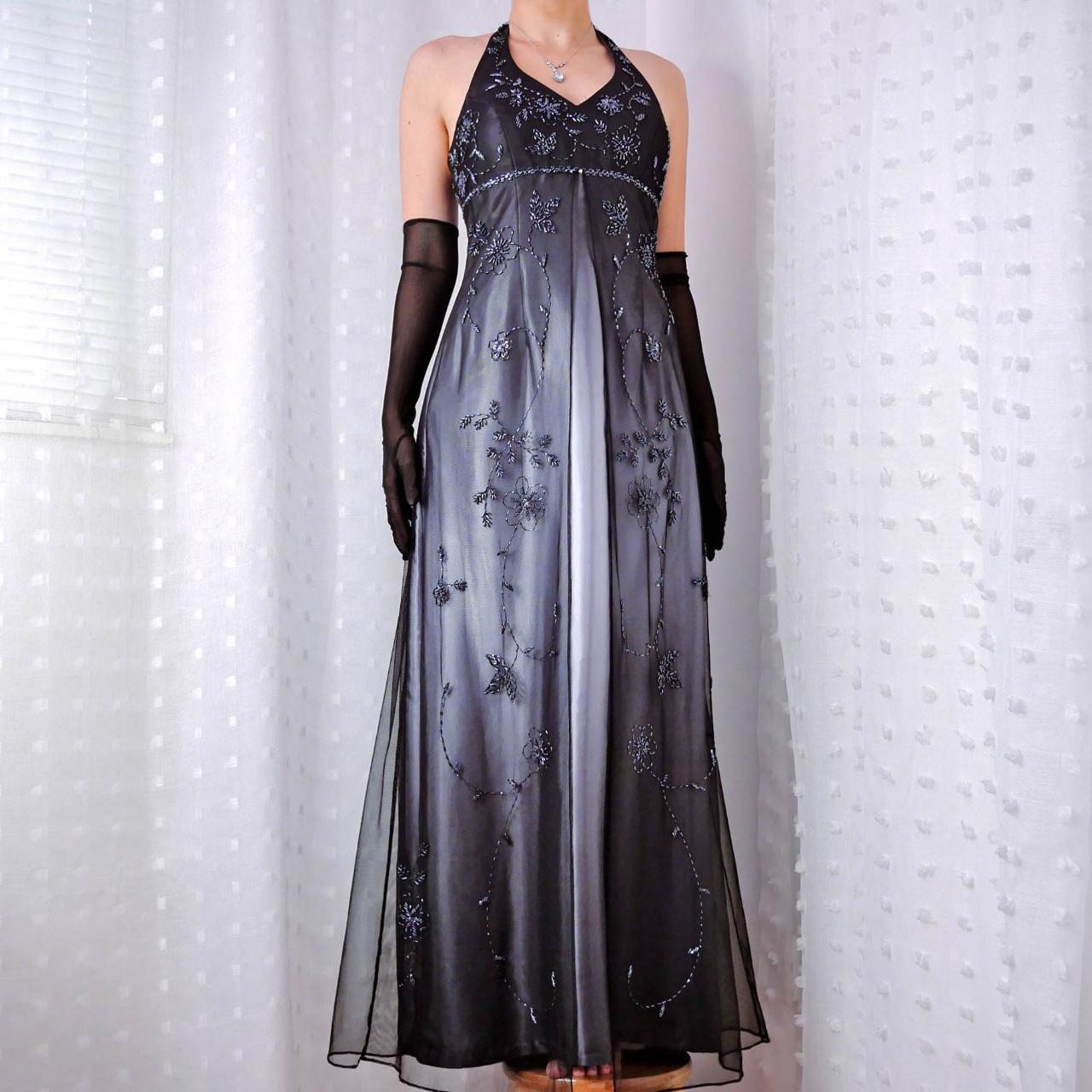 Black and gray retro fashion gradient color beaded floral halter neck gothic elegant long Tulle prom dress evening dress party dress gh3665