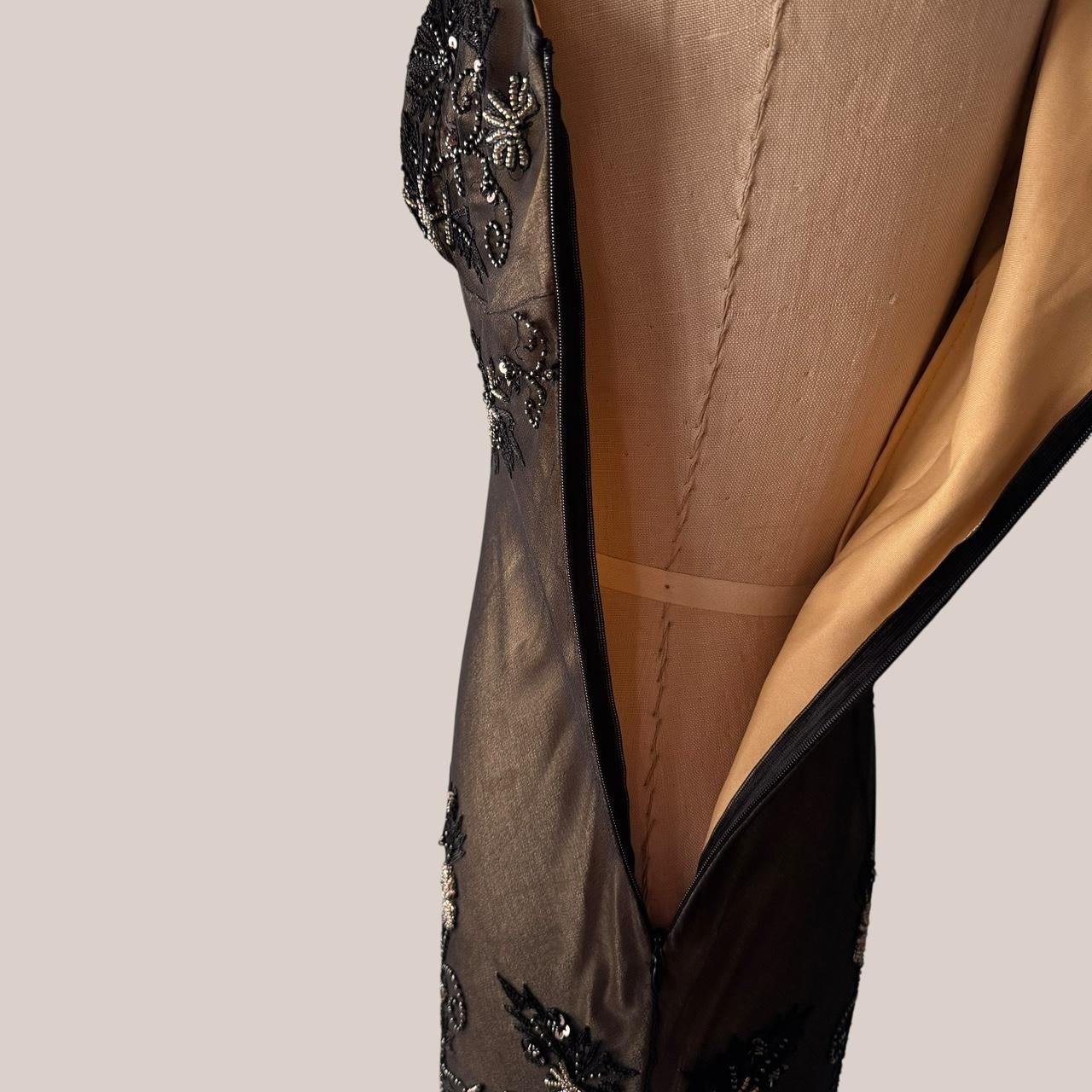 Robe de soirée longue en mousseline de soie, élégante et raffinée, style rétro, marron et noir, avec perles, gh3897