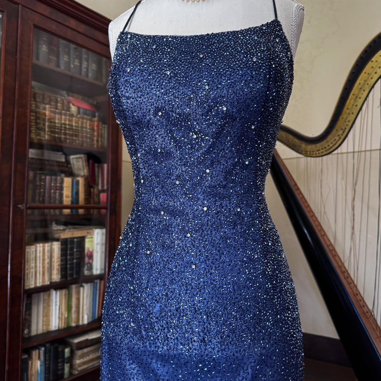 Girlhomeshops--Vintage blue grey gradient beaded sequined long chiffon prom dress gh5540