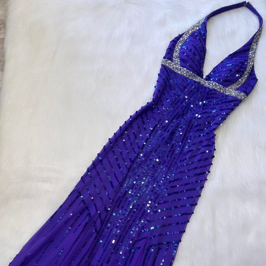 Robe de bal violette, belle robe de soirée rétro élégante à paillettes, longue en mousseline de soie, robe de soirée gh4719