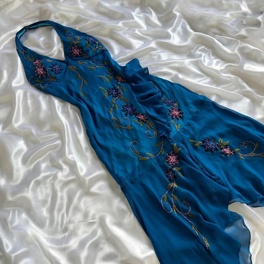 Robe de soirée longue en mousseline de soie et tulle, magnifique, fluide, vintage, élégante, délicate, florale, perles, bretelles spaghetti, robe de bal, gh3902