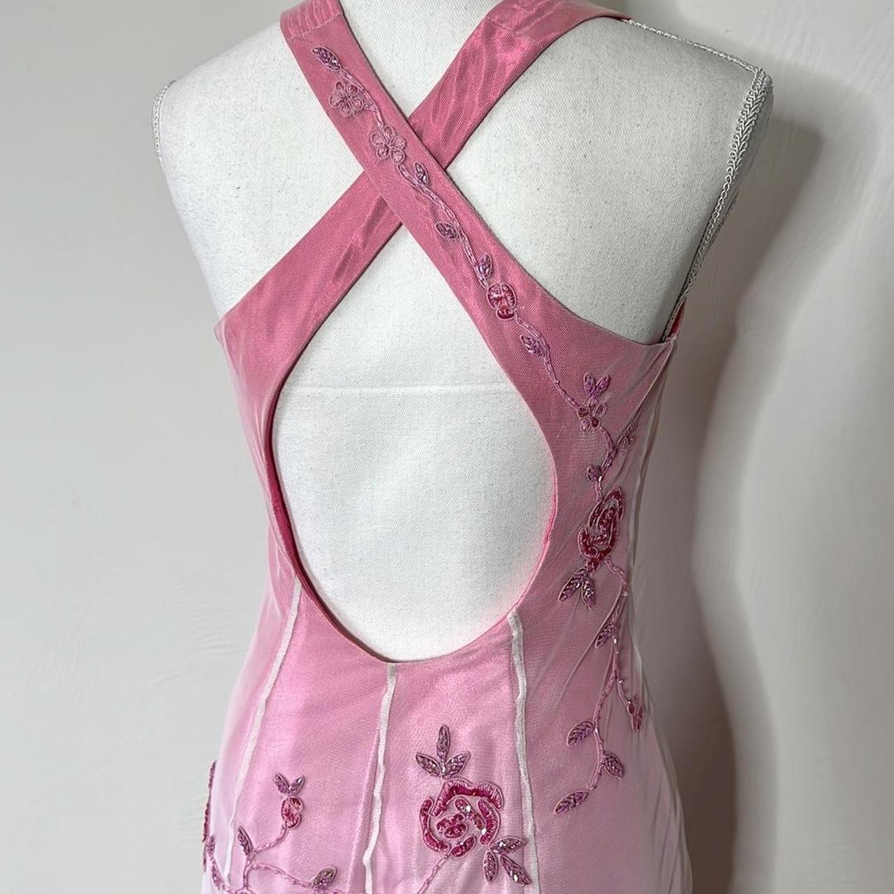 Robe de soirée longue en satin et tulle rose, élégante, col en V, motif floral exquis, perles, dos nu, dégradé de couleurs, gh3577