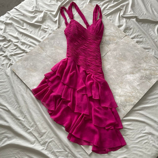 Robe de soirée élégante en mousseline de soie, style corset plissé, mi-longue, asymétrique, courte, violet et magenta, à volants, robe de bal, robe de soirée, robe de danse, gh3812