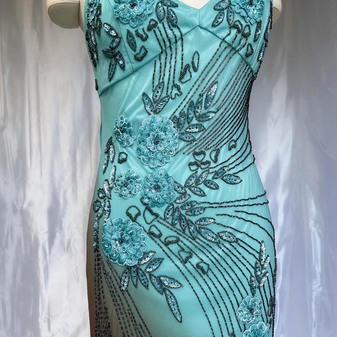 Girlhomeshops - Robe de soirée longue en mousseline de soie, magnifique et exquise, à fleurs et perles, bleue, gh5093