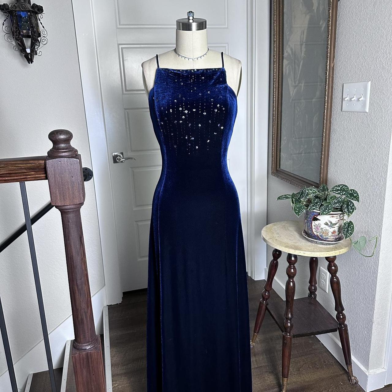 Dunkelblaues Vintage 90er Jahre Samtkleid mit U-Boot-Ausschnitt und Perlenbesatz, langes Ballkleid, Abendkleid, Partykleid, gh4342