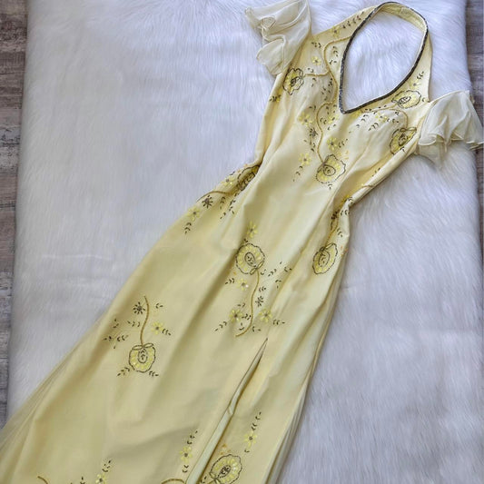 Robe de bal vintage jaune, robe longue, robe de fée, robe Y2K, robe de retour, robe à bretelles, paillettes, motif floral, délicate, mignonne, bal/mariage/été/rendez-vous gh4515