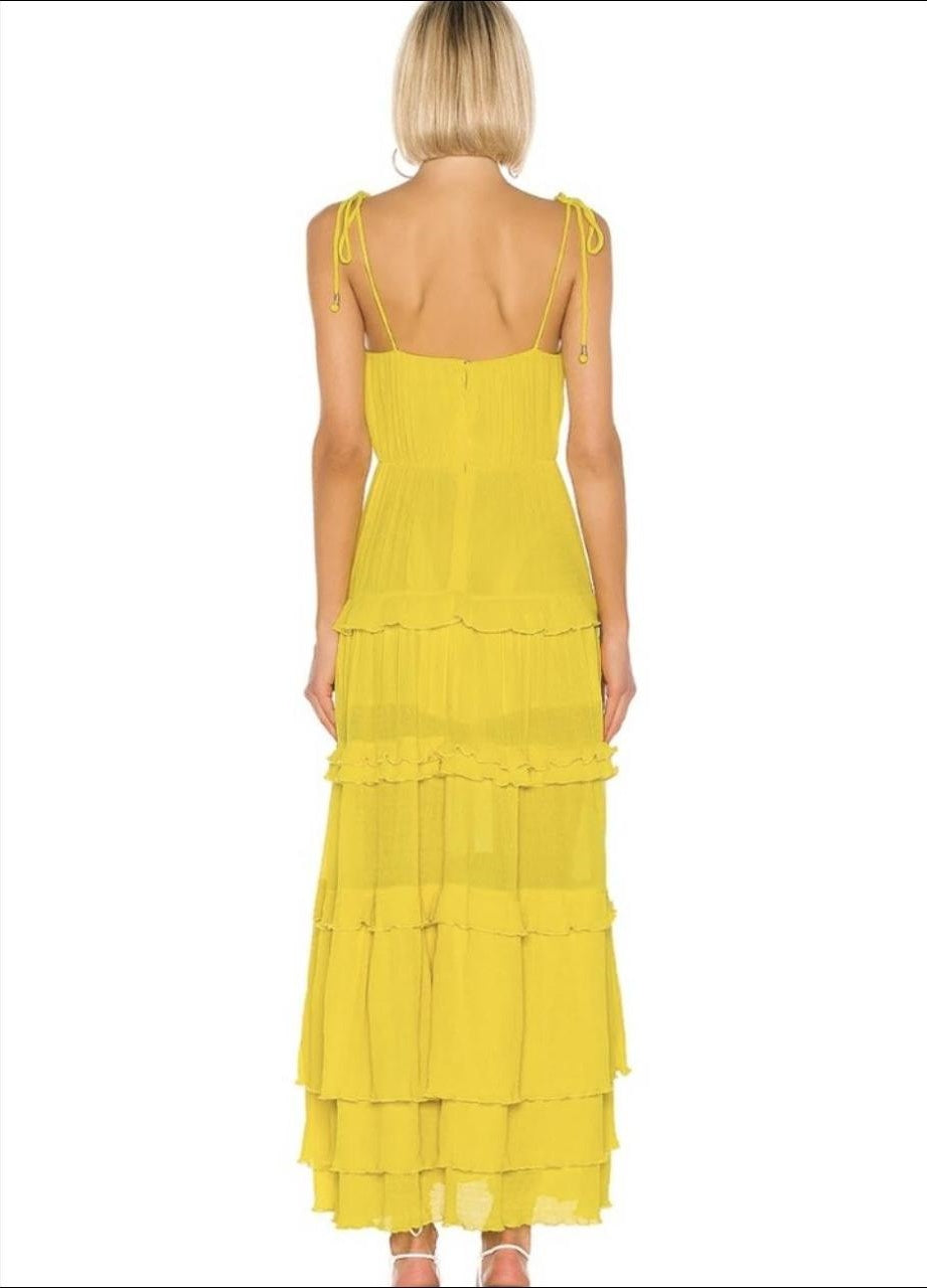 Yellow fashion elegant simple spaghetti strap long chiffon tiered ball gown evening dress party dress gh2788