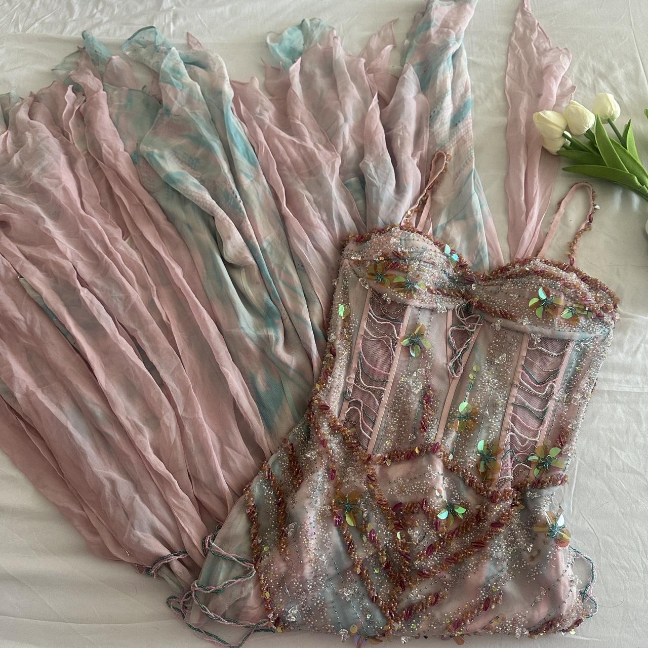 Pale Pink and Blue Flowing Vintage Fashion Mermaid Beaded Bodice Beaded with Sequins Beautiful Unique Glitter Elegant Long Chiffon Tulle Ball Gown Evening Gown Party Dress Prom Gown gh3881