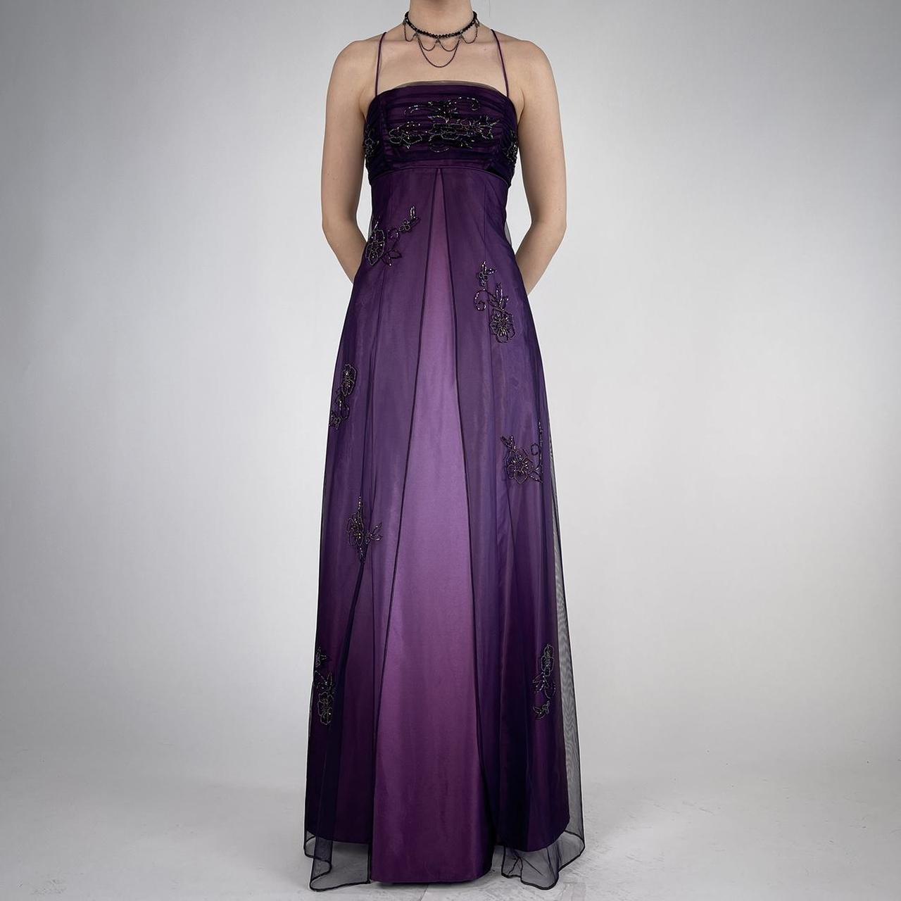 Purple Elegant Beautiful Exquisite Floral Beading Vintage A-Line Spaghetti Strap Long Satin Tulle Ball Gown Evening Dress Birthday Party Dress Prom Dress gh3909