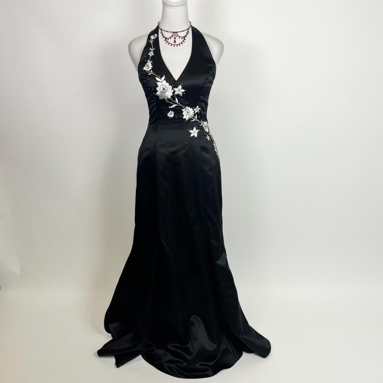 Robe de soirée longue en satin à bretelles spaghetti florales, élégante et magnifique, noire et blanche, longueur au sol, robe de bal, robe de soirée, gh3541