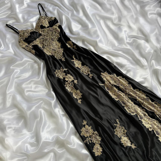 Robe de soirée longue en satin, élégante et raffinée, en dentelle perlée, faite à la main, sur mesure, noire, à la mode, gh3751