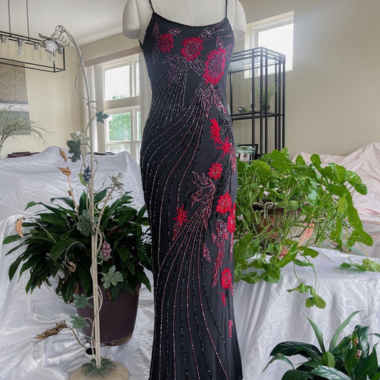 girlhomeshops--90s Retro Black And Red Floral Unique Exquisite Hand-Beaded Chiffon Long Prom Dress gh5594