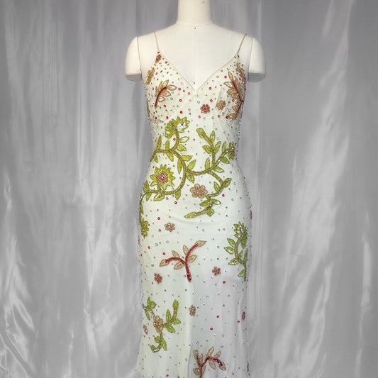 Girlhomeshops - Robe de soirée longue en mousseline de soie, magnifique et colorée, à fleurs et perles, blanche, gh5094