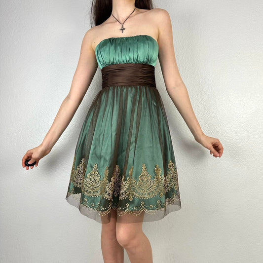 Girlhomeshops--Vintage green and brown fairy sleeveless formal mini homecoming birthday party dress gh5496