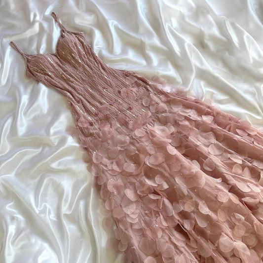 🩰✨ Blush Rose Sakura Luxueux Magnifique Conte de Fées Fantaisie Rétro Mode Exquis Perlé Sequin 3D Applique Longue Élégante Fluide En Mousseline De Soie Robe De Bal Robe De Soirée Robe De Bal Robe De Bal gh3870