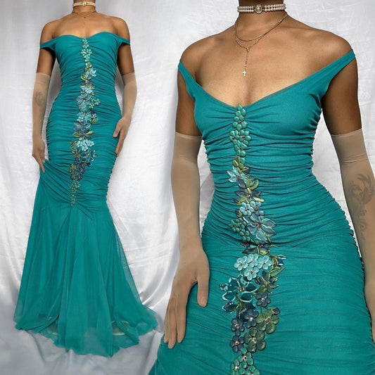 Robe de soirée longue en mousseline de soie turquoise, magnifique et exquise, à bretelles florales et perles, style vintage, gh3867