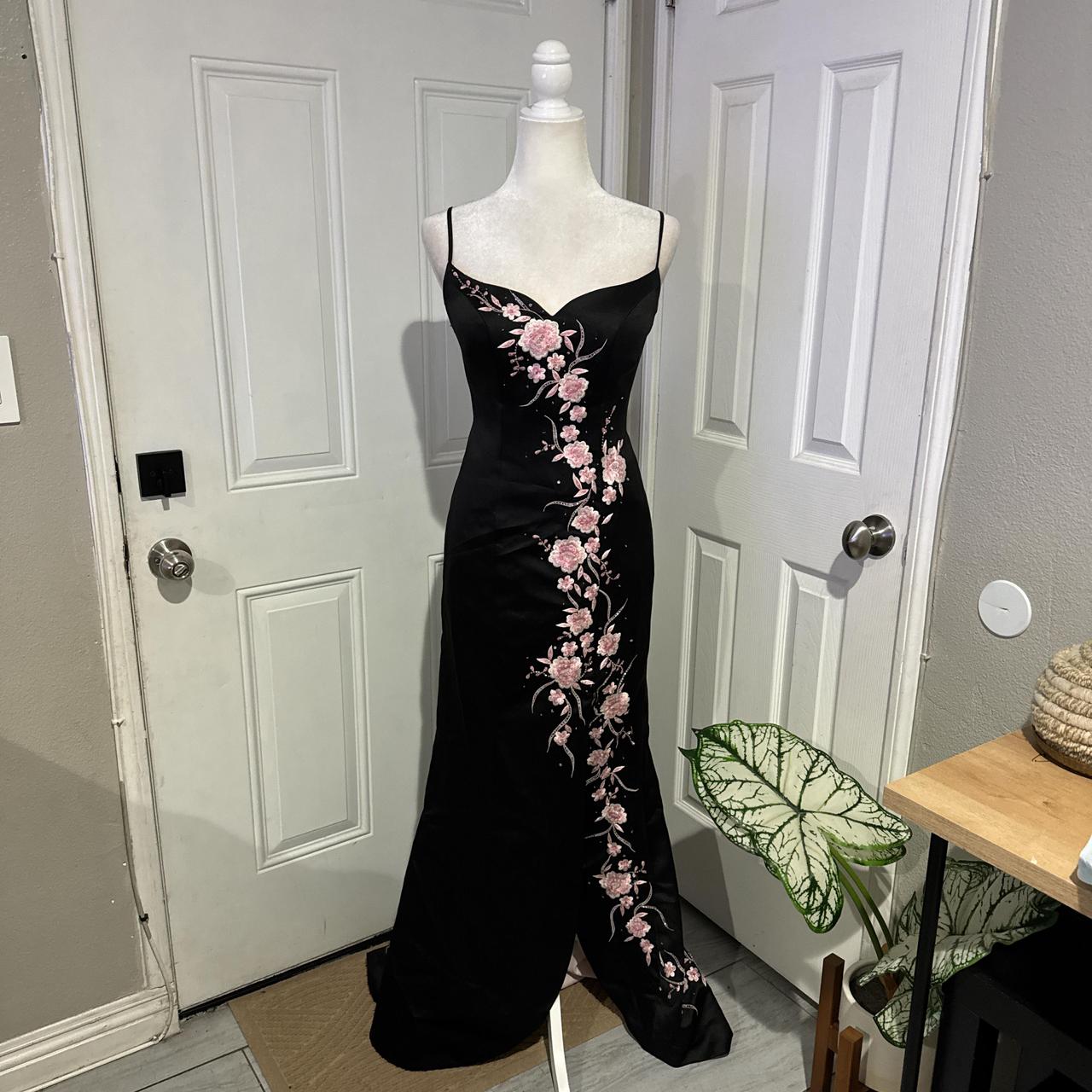 Robe de soirée longue en satin à fleurs noires et roses, élégante, gh4569