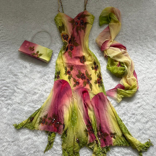 Pink Green Gradient Fashion Elegant Exquisite Beaded Spaghetti Strap Chiffon Long Ruffled Ball Gown Evening Dress Party Dress Prom Dress gh3620