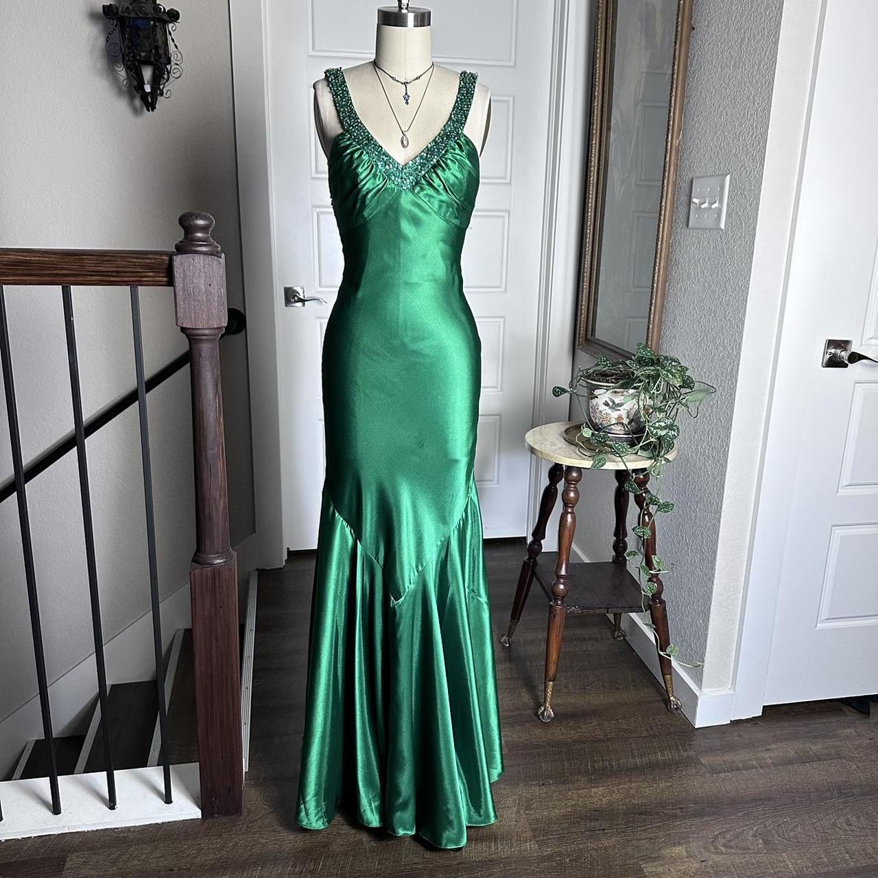 Robe de soirée moulante longue en satin vert brillant, style vintage, sexy, col en V, strass, dos nu, robe de bal formelle, gh3688