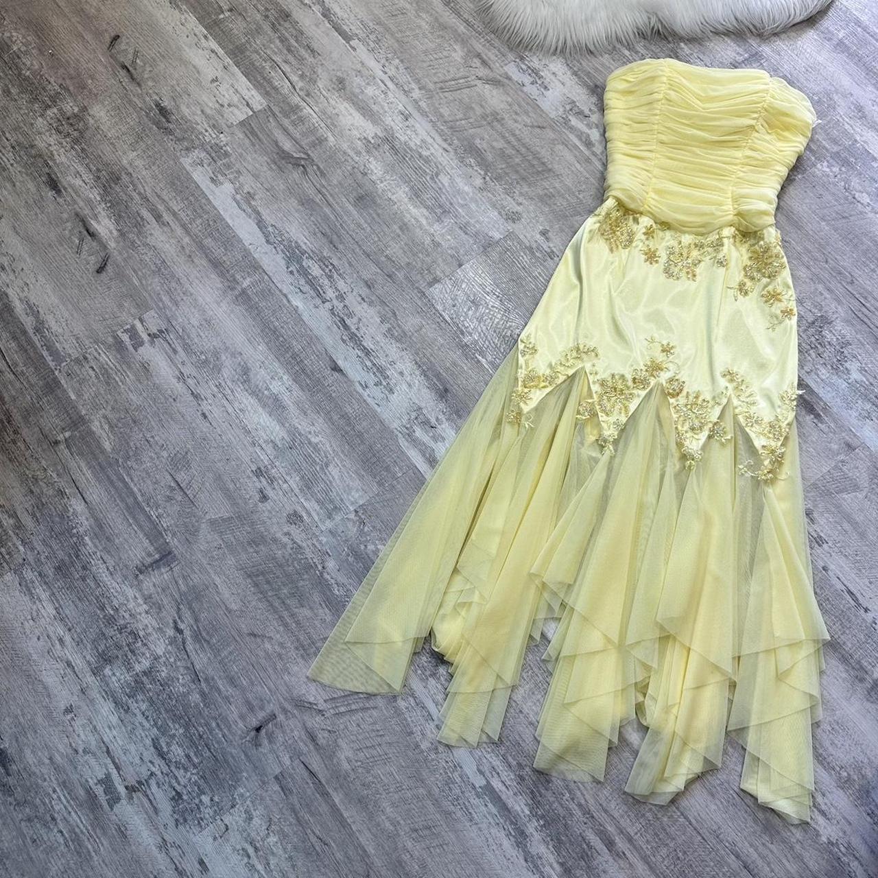 Superbe robe de soirée mi-longue/courte en mousseline de soie vintage jaune à perles gh4300