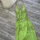 Robe de soirée longue en mousseline de soie, vert clair, vintage, superbe, argentée, florale, perlée, pour femme, robe de bal, gh4285
