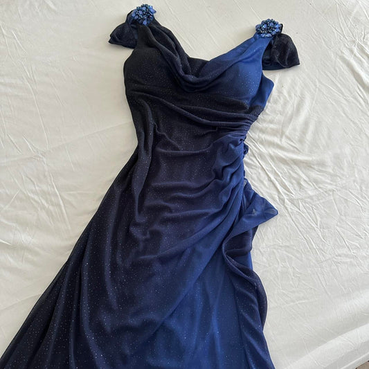 Robe de soirée longue en mousseline de soie bleu foncé ombré, superbe, scintillante, rétro, élégante, délicate, avec strass, robe de bal, robe d'anniversaire, robe de bal, robe de remise de diplôme, gh3884