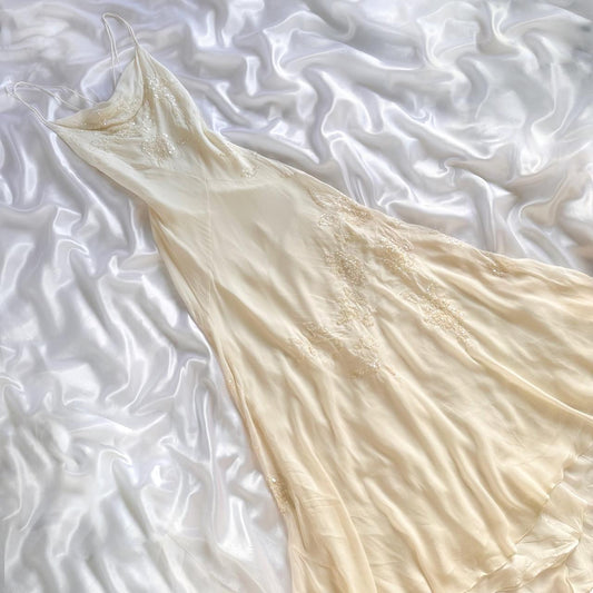 Robe de soirée longue en mousseline de soie, ivoire, brillante, élégante, exquise, perlée, longueur au sol, faite à la main, personnalisée, robe de bal, robe de soirée, robe de bal gh3549