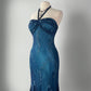 Dark Blue Fairy Mermaid Beaded Long Chiffon Formal Prom Evening Dress Wedding Guest Party Gown Dress Greek Halter Neck gh3617b