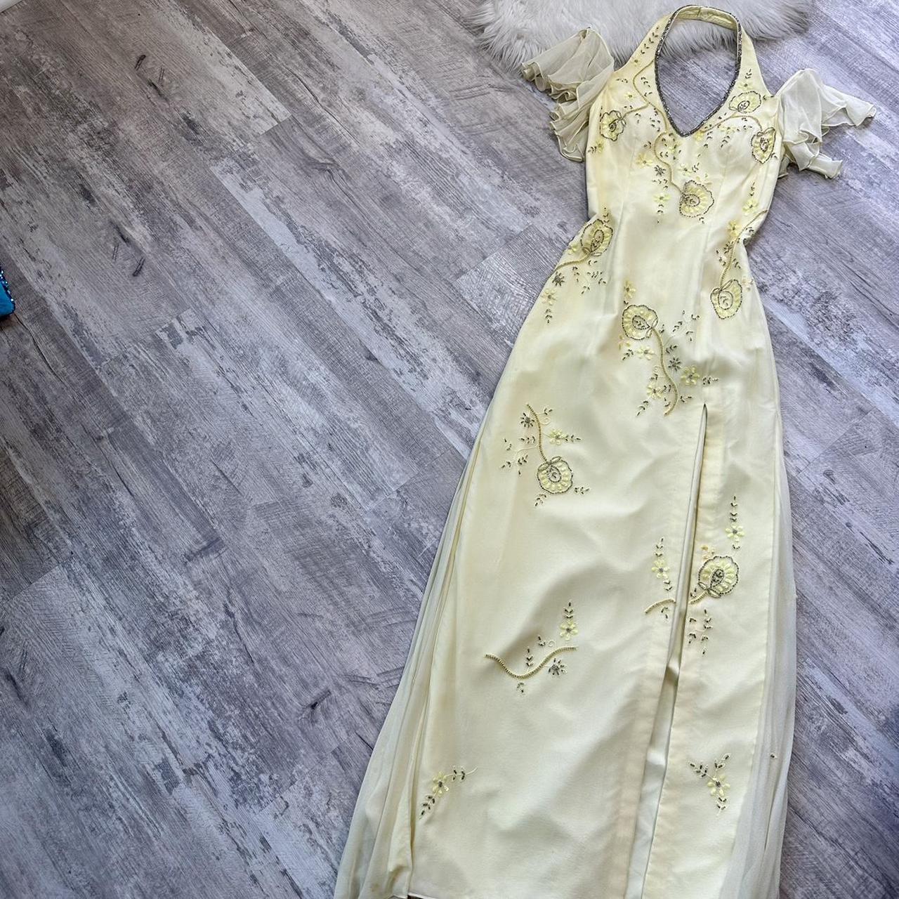 Robe de bal vintage jaune, robe longue, robe de fée, robe Y2K, robe de retour, robe à bretelles, paillettes, motif floral, délicate, mignonne, bal/mariage/été/rendez-vous gh4515