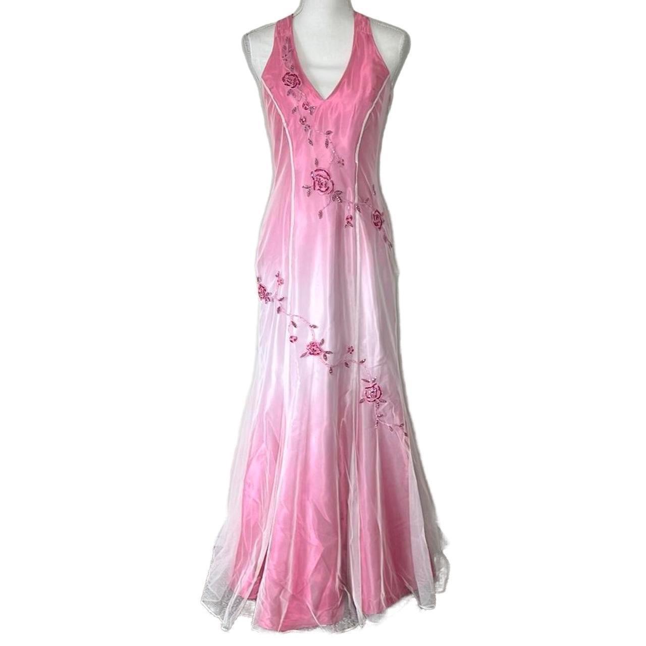 Robe de soirée longue en satin et tulle rose, élégante, col en V, motif floral exquis, perles, dos nu, dégradé de couleurs, gh3577