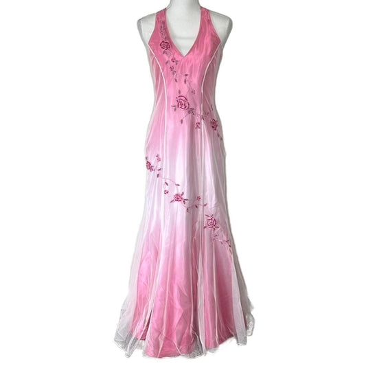 Robe de soirée longue en satin et tulle rose, élégante, col en V, motif floral exquis, perles, dos nu, dégradé de couleurs, gh3577