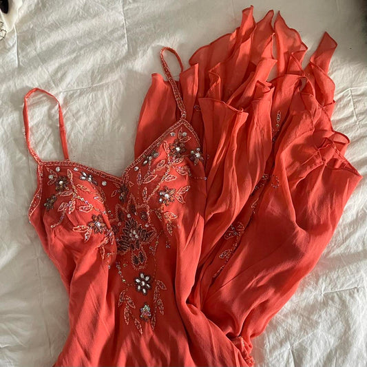 girlhomeshops-Beautiful orange exquisite beaded long chiffon elegant prom dress fairy dress gh5791