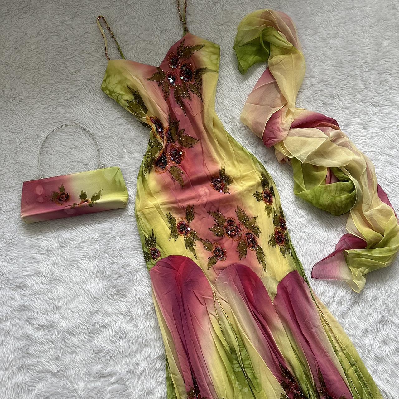 Robe de soirée élégante et raffinée, en mousseline de soie, à bretelles spaghetti, dégradé de rose et de vert, à volants, robe de bal, gh3620