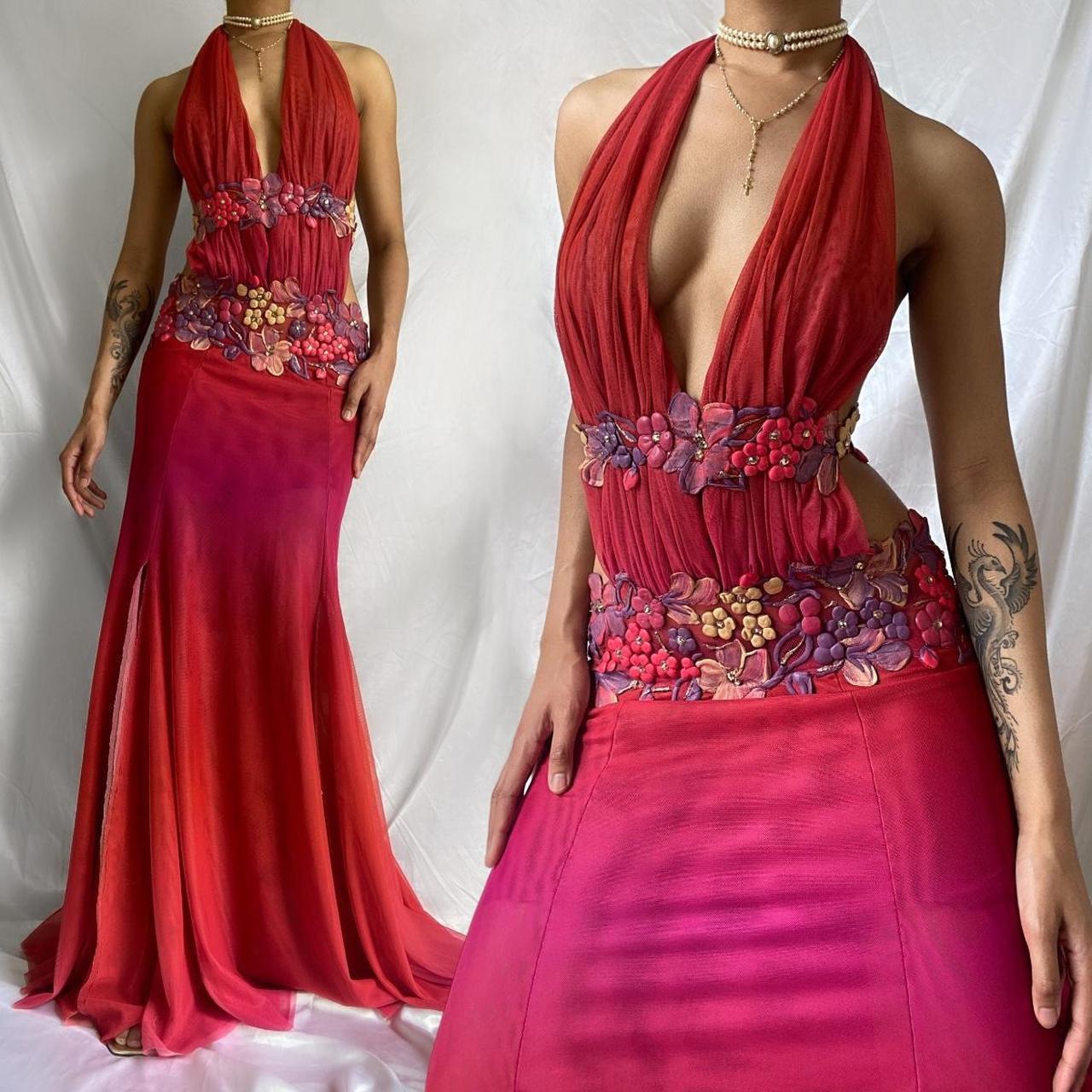 Robe de soirée longue en mousseline de soie, élégante et rouge, à fleurs, col en V, gh4444