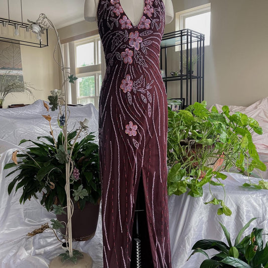 girlhomeshops--Vintage Burgundy/Wine Red Floral Unique Exquisite Hand-Beaded Chiffon Long Prom Dress gh5595