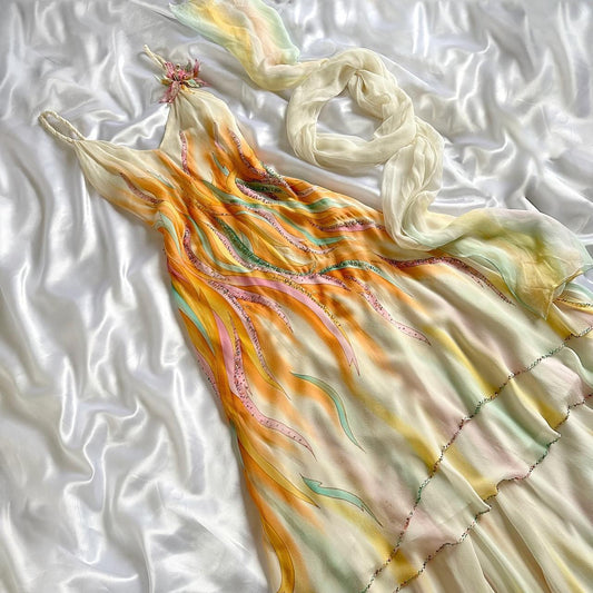 Robe de soirée longue en mousseline de soie, élégante et exquise, motif arc-en-ciel, fantaisie, perles, robe de bal, gh3746