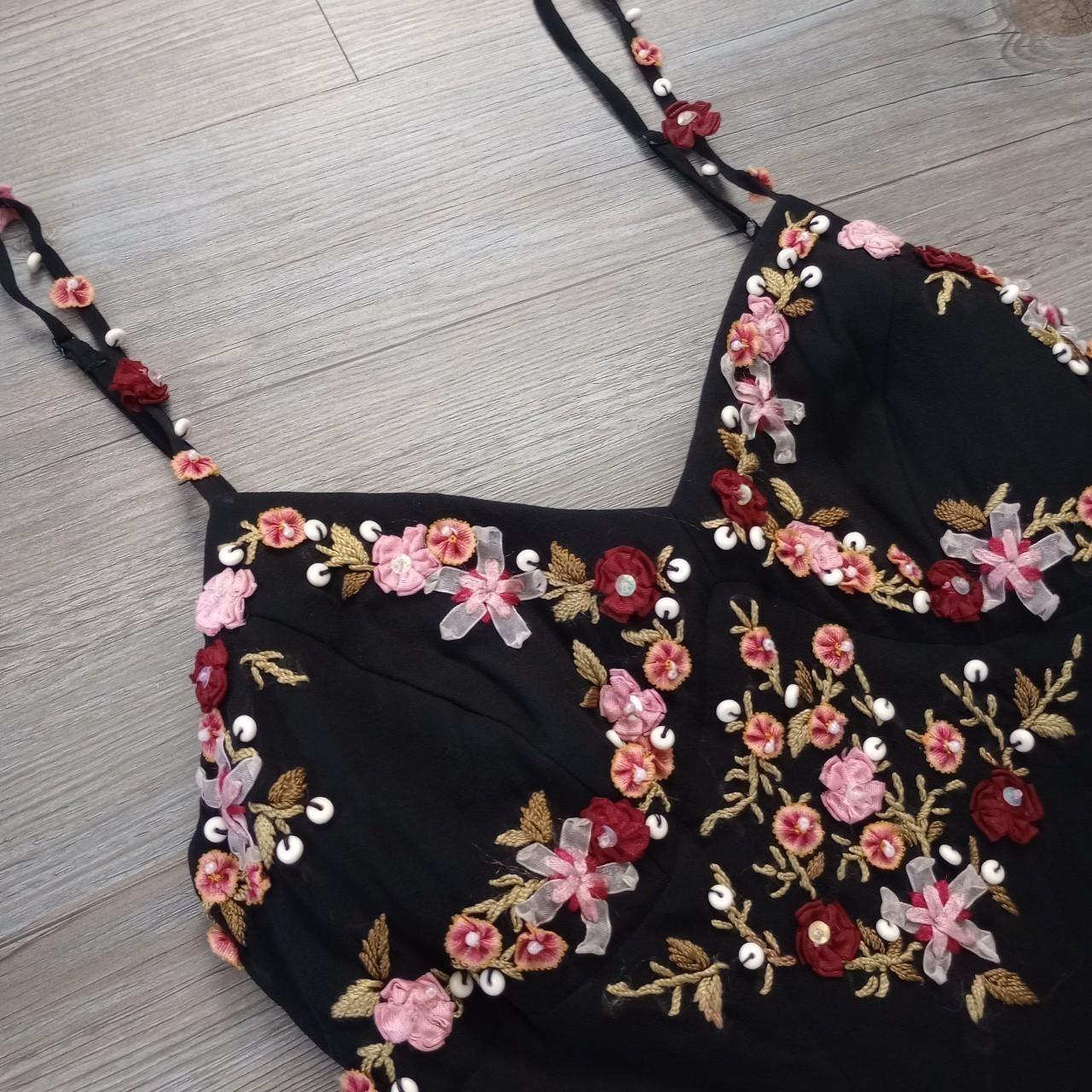 Robe de soirée longue en mousseline de soie, noire, élégante, rose, délicate, broderie de perles florales, bretelles spaghetti, volants, robe de bal, robe de soirée gh3569