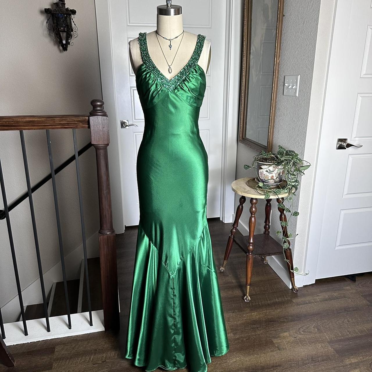 Robe de soirée moulante longue en satin vert brillant, style vintage, sexy, col en V, strass, dos nu, robe de bal formelle, gh3688