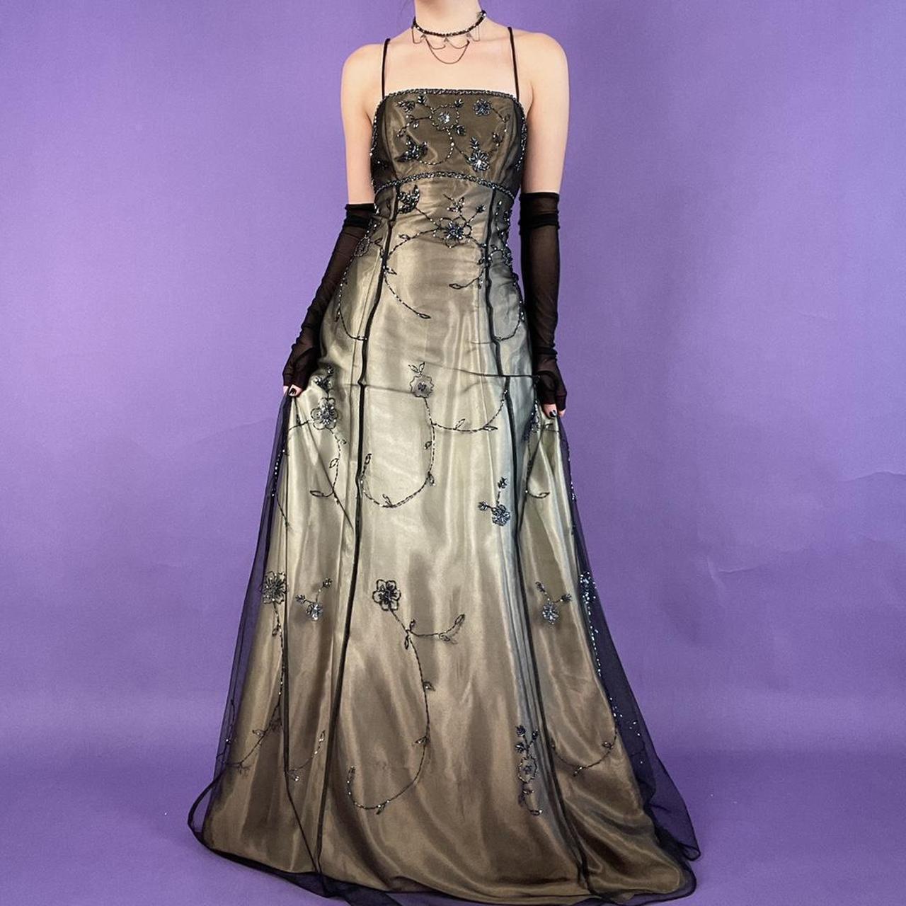 Robe de soirée élégante en tulle, longue et délicate, couleur marron doré, avec perles, pour fête d'anniversaire, bal, gh3614