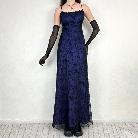 Girlhomeshops--Vintage black and blue gothic vampire empire gown velvet floral formal dress ball gown gh5494