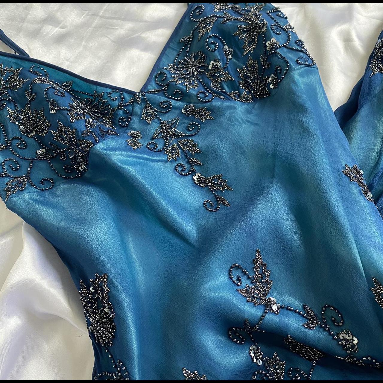 Dark blue gorgeous flowing vintage beautiful elegant delicate floral beaded spaghetti strap long chiffon ball gown evening dress party dress prom dress gh3903