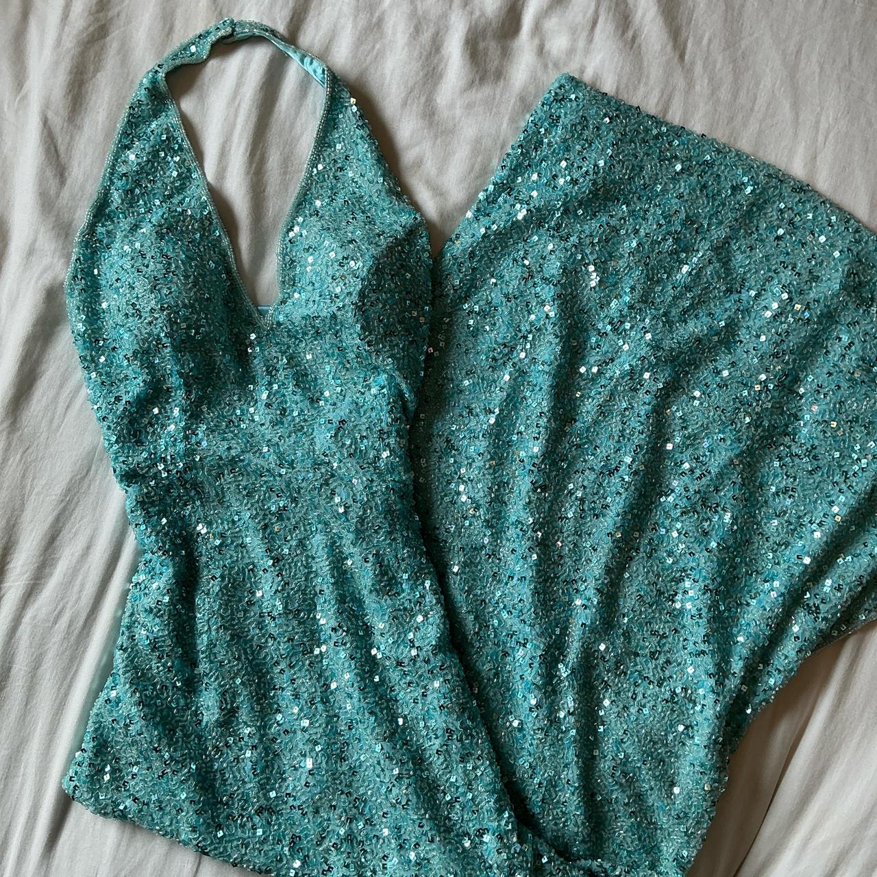 Robe de soirée longue à paillettes et perles, élégante et bleue, avec bretelles, gh3578