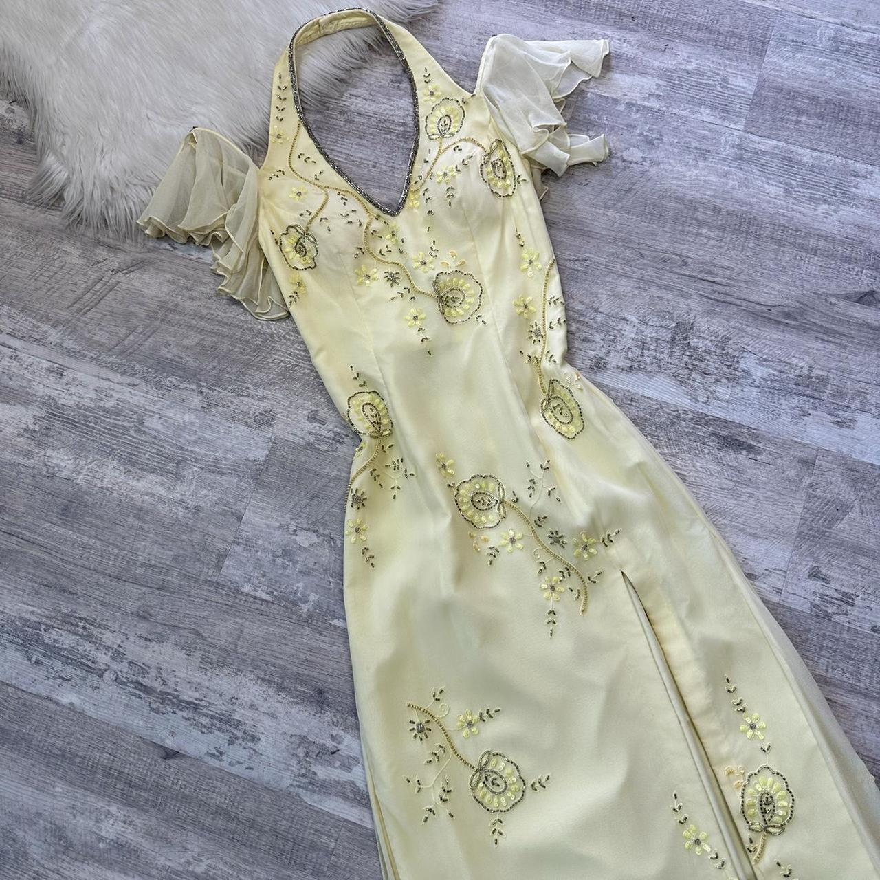 Robe de bal vintage jaune, robe longue, robe de fée, robe Y2K, robe de retour, robe à bretelles, paillettes, motif floral, délicate, mignonne, bal/mariage/été/rendez-vous gh4515