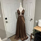 Robe de soirée longue en satin marron, élégante et perlée, col en V, robe de bal, gh4568