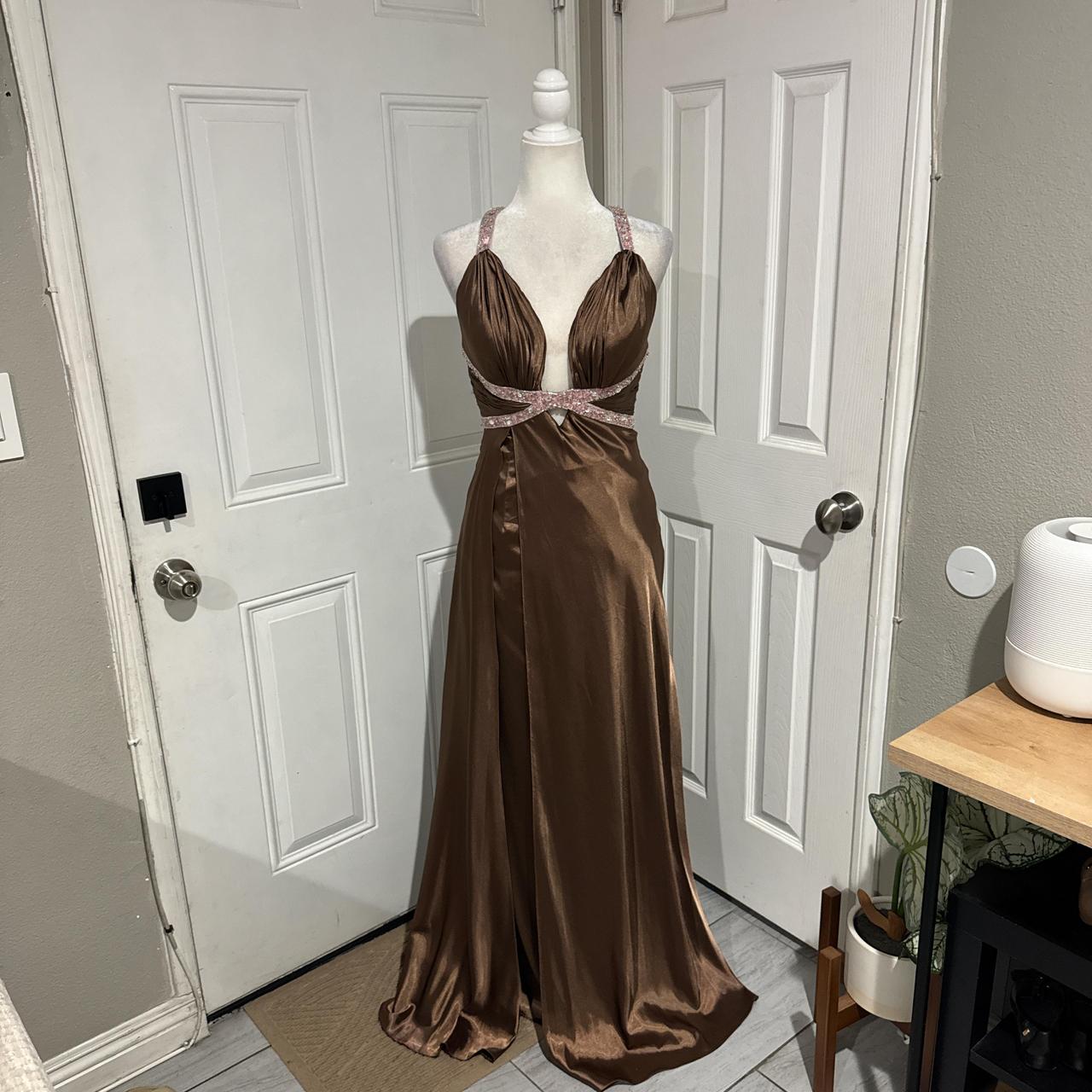 Robe de soirée longue en satin marron, élégante et perlée, col en V, robe de bal, gh4568