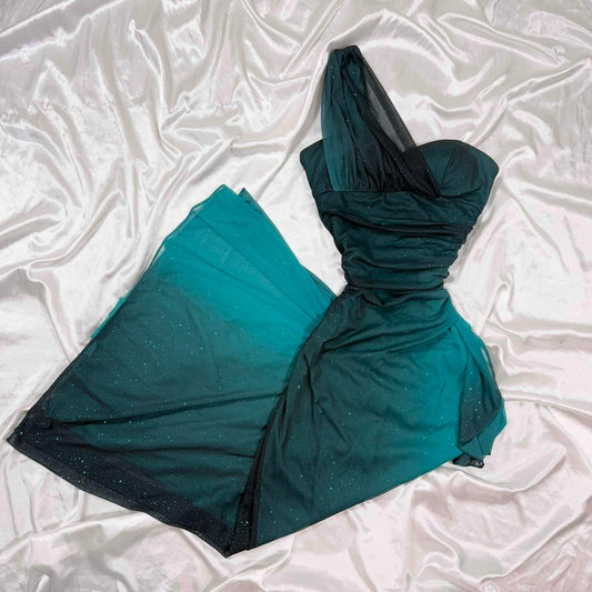 Robe de soirée longue en mousseline de soie, asymétrique, à paillettes bleu sarcelle, dégradé de couleurs, élégante et douce, robe de bal, robe de soirée, robe de bal, robe de fée, robe gothique, gh4180