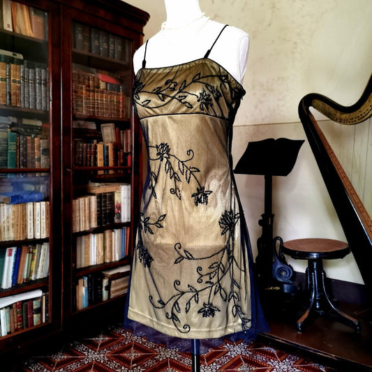 Girlhomeshops – Schwarzes und goldenes Vintage-Blumenkleid im Gothic-Retro-Stil, kurz/mittellang, Chiffon, Heimkehrkleid gh5533