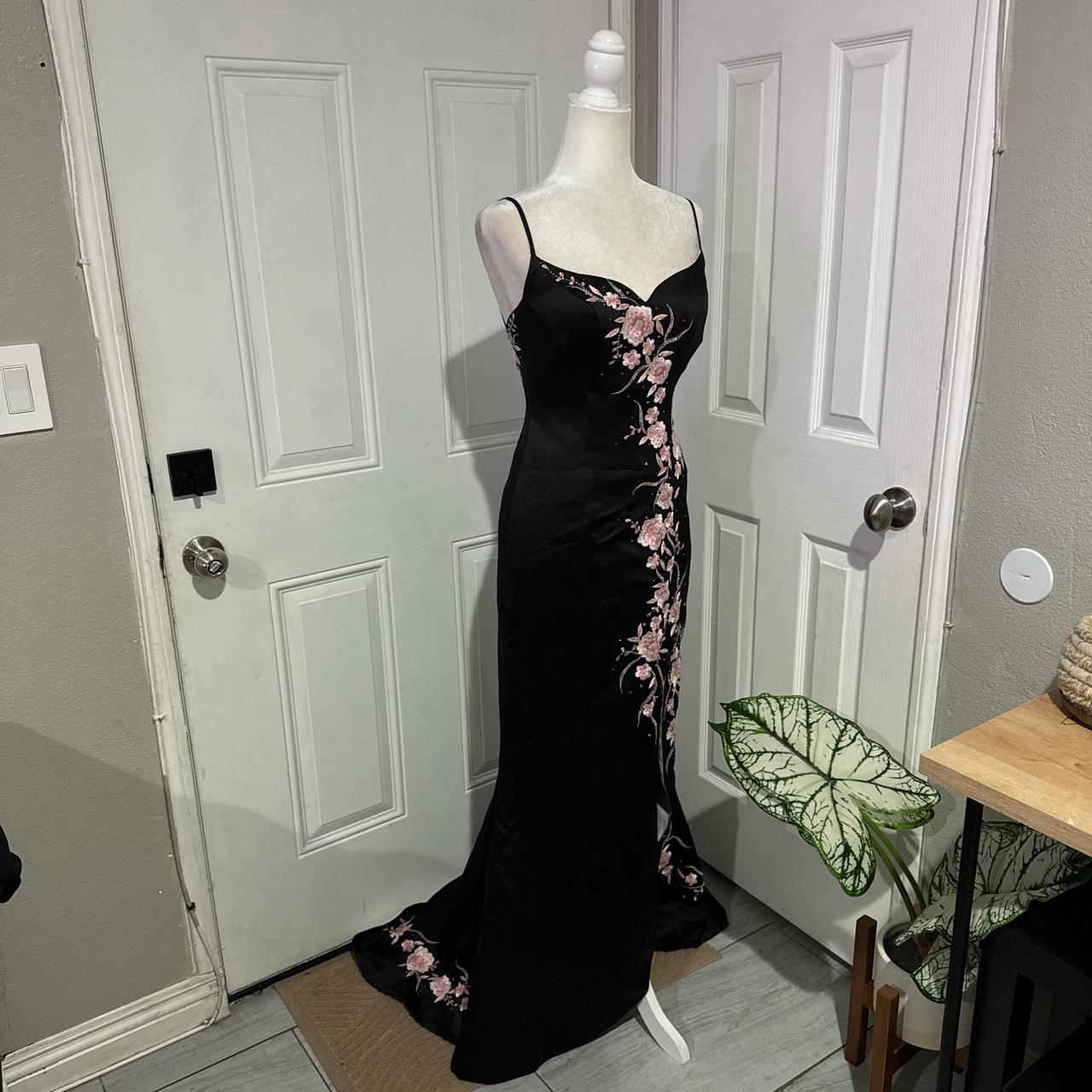 Robe de soirée longue en satin à fleurs noires et roses, élégante, gh4569