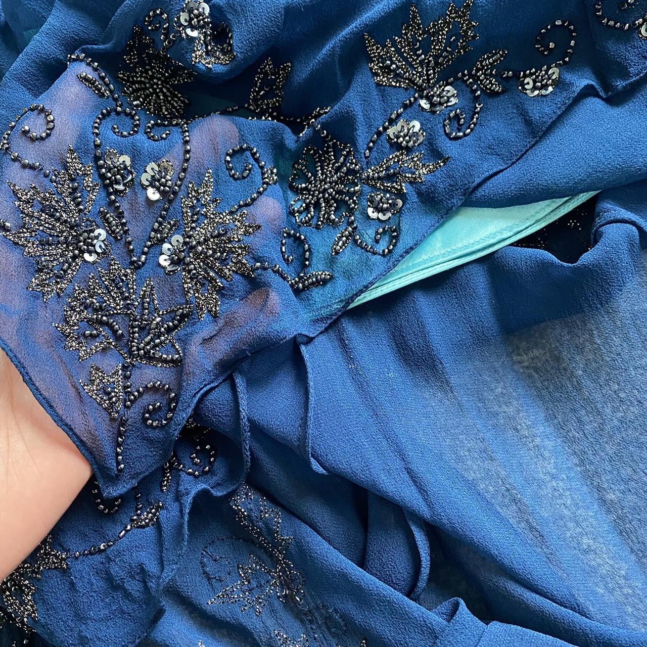 Dark blue gorgeous flowing vintage beautiful elegant delicate floral beaded spaghetti strap long chiffon ball gown evening dress party dress prom dress gh3903